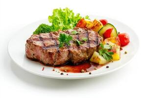 Grilled steak with roasted vegetables and sauce. photo