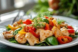 A plate of chicken, peppers and tomatoes photo