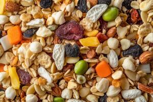 Close-up of a mixture of granola, dried fruit, and nuts. photo