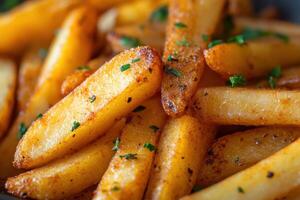Close-up of crispy golden french fries seasoned with herbs and spices. photo