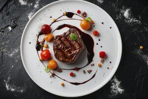 Grilled steak with cherry tomatoes and sauce on a white plate. photo
