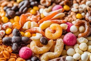 A close up of a variety of candy and snacks photo