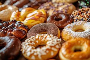 A close-up of a variety of colorful donuts. photo