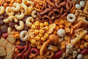 A colorful assortment of salty snacks, including pretzels, crackers, chips, and more. photo