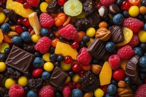 A colorful mix of chocolate, fruit and candy. photo