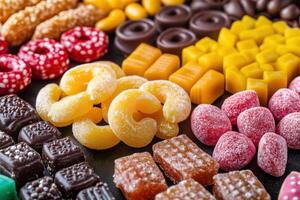 A variety of colorful candies and chocolate on a black surface. photo