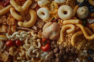 A variety of snacks and junk food arranged in a colorful background. photo