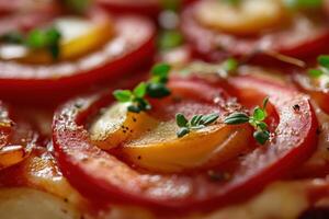 A close up of a pizza with tomatoes and herbs photo