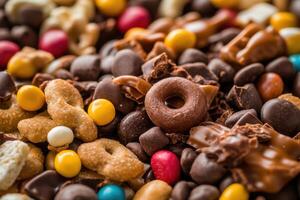 A close up of a variety of candy and snacks photo