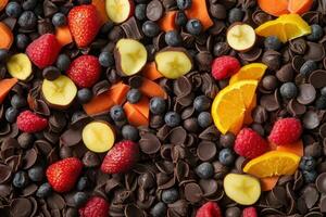Chocolate chips, fresh fruit, and berries. photo