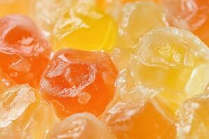 A close up of a pile of orange and yellow gummy bears photo