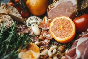 An assortment of food including meat, cheese, bread and oranges photo