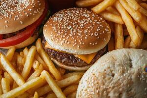 A hamburger, french fries and a bun are shown photo