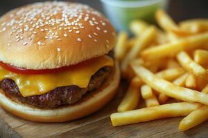A hamburger and french fries on a wooden cutting board photo
