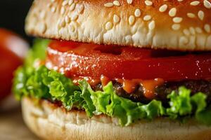 A hamburger with tomato and lettuce on a wooden table photo