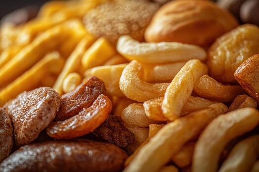 A close up of a pile of different types of snacks photo