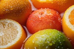 A close up of oranges and lemons in water photo