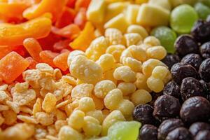 A close up of a variety of cereal and fruit photo
