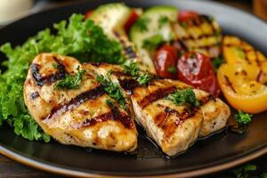 Grilled chicken breast with vegetables on a black plate photo