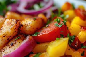 A plate of food with vegetables and meat photo