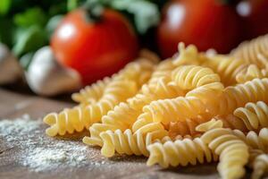 Pasta with tomatoes and garlic on a wooden table photo