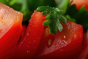 A close up of a tomato with a leaf on it photo
