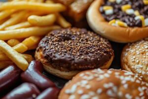 A variety of fast food items including hamburgers, french fries and donuts photo
