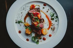 A steak on a white plate with sauce and garnish photo