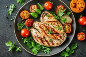 Grilled chicken breast with vegetables and herbs on a black plate photo