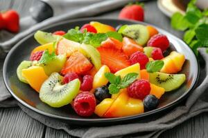 Fresh fruit salad with mint leaves and berries on a black plate photo