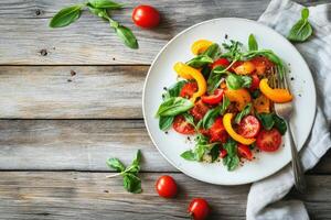 A plate of vegetables with tomatoes and basil leaves photo