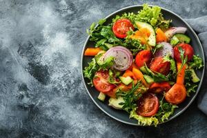 Fresh salad with tomatoes, cucumber, avocado, red onion, and lettuce on a gray plate. photo