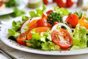 Fresh salad with cherry tomatoes, lettuce, and radish on a white plate. photo