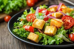 Fresh salad with croutons, cherry tomatoes, red onion, and lettuce. photo