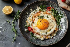 Fried egg on top of creamy cauliflower rice with herbs, pepper, and chili flakes. photo