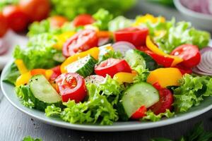 Fresh salad with tomatoes, cucumbers, bell peppers and lettuce. photo