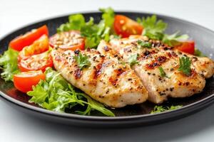 Grilled chicken breast with salad and cherry tomatoes on a black plate. photo