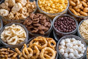 A variety of different types of snacks in glass containers photo