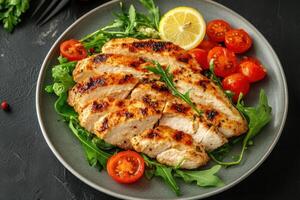 Grilled chicken breast with salad and cherry tomatoes. photo