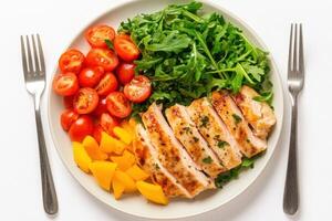 Grilled chicken breast with salad, tomatoes, and peaches. photo