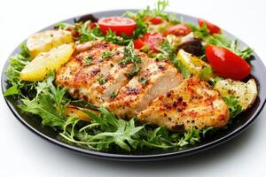 Grilled chicken breast with salad, cherry tomatoes, lemon slices and arugula. photo