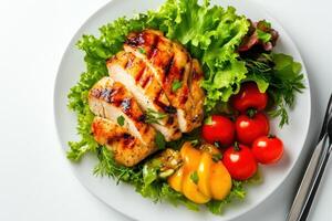 Grilled chicken breast with tomatoes and lettuce on a white plate. photo