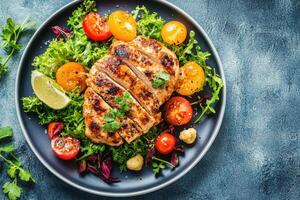 Grilled chicken breast with tomatoes, lettuce and lime on a plate. photo
