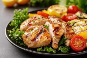 Grilled chicken breast with vegetables on a plate. photo
