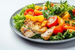 A plate of chicken, tomatoes and lettuce photo