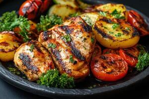 Grilled chicken breast with vegetables. photo