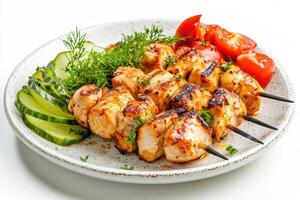 Chicken kebabs on a white plate with cucumbers and tomatoes photo