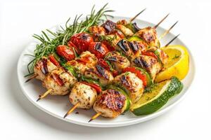 Grilled chicken skewers with vegetables and lemon wedges on a white plate. photo
