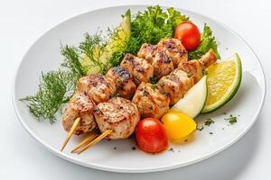 Grilled chicken skewers with vegetables and lemon on a white plate photo