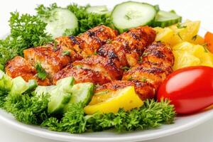 Grilled chicken breast with vegetables and cucumbers on white background photo